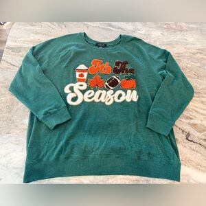 Sable Sky It’s Season Fall Graphic Sweatshirt Women 2X Green Chenille Embroidery